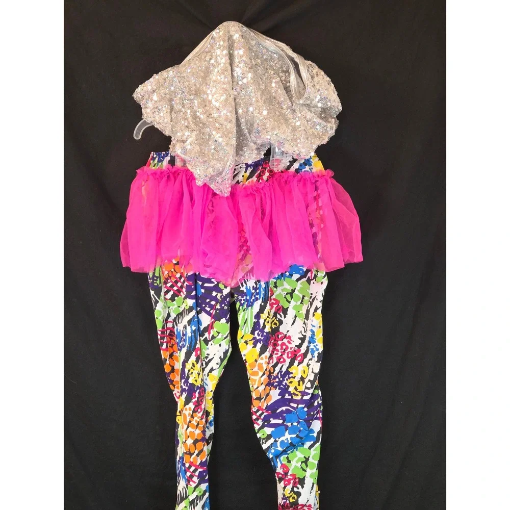 Curtain Call Costume Set LC Skirt Top Sequin Vest Leggings Outfit Dance Child Lg